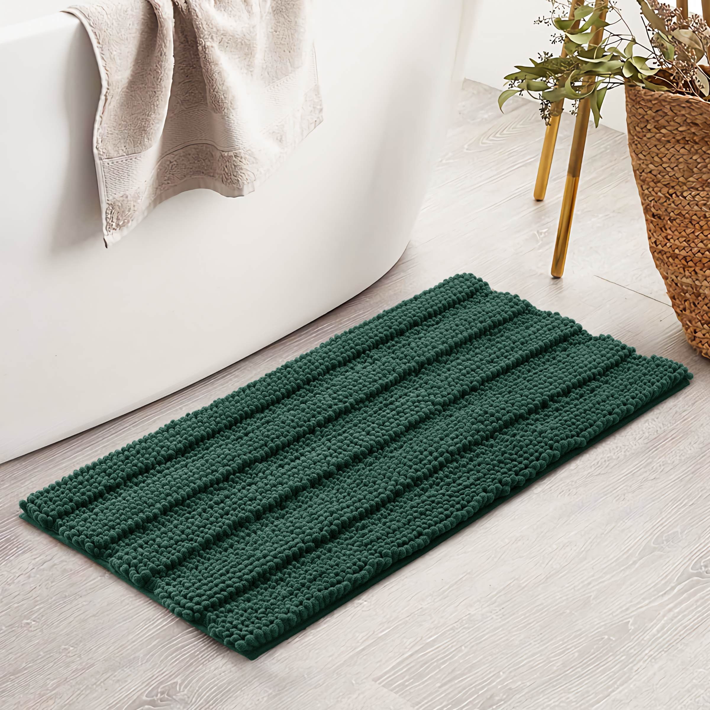 Subrtex Bathroom Rugs Non-Slip Chenille Soft Striped Plush Bath Mat (Green, 20"x32")