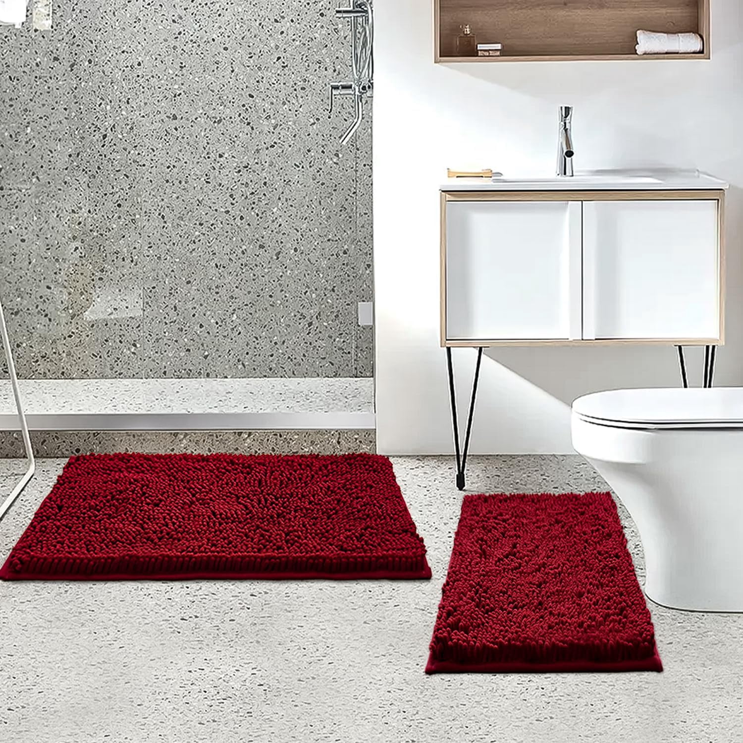 Bathroom Rugs Sets 2 Piece, Ultra Soft Absorbent Bath mat Chenille Bathroom Rug, Antiskid Bath mats Washable Bathroom mat (20x32 inch + 16x24 inch) Burgundy