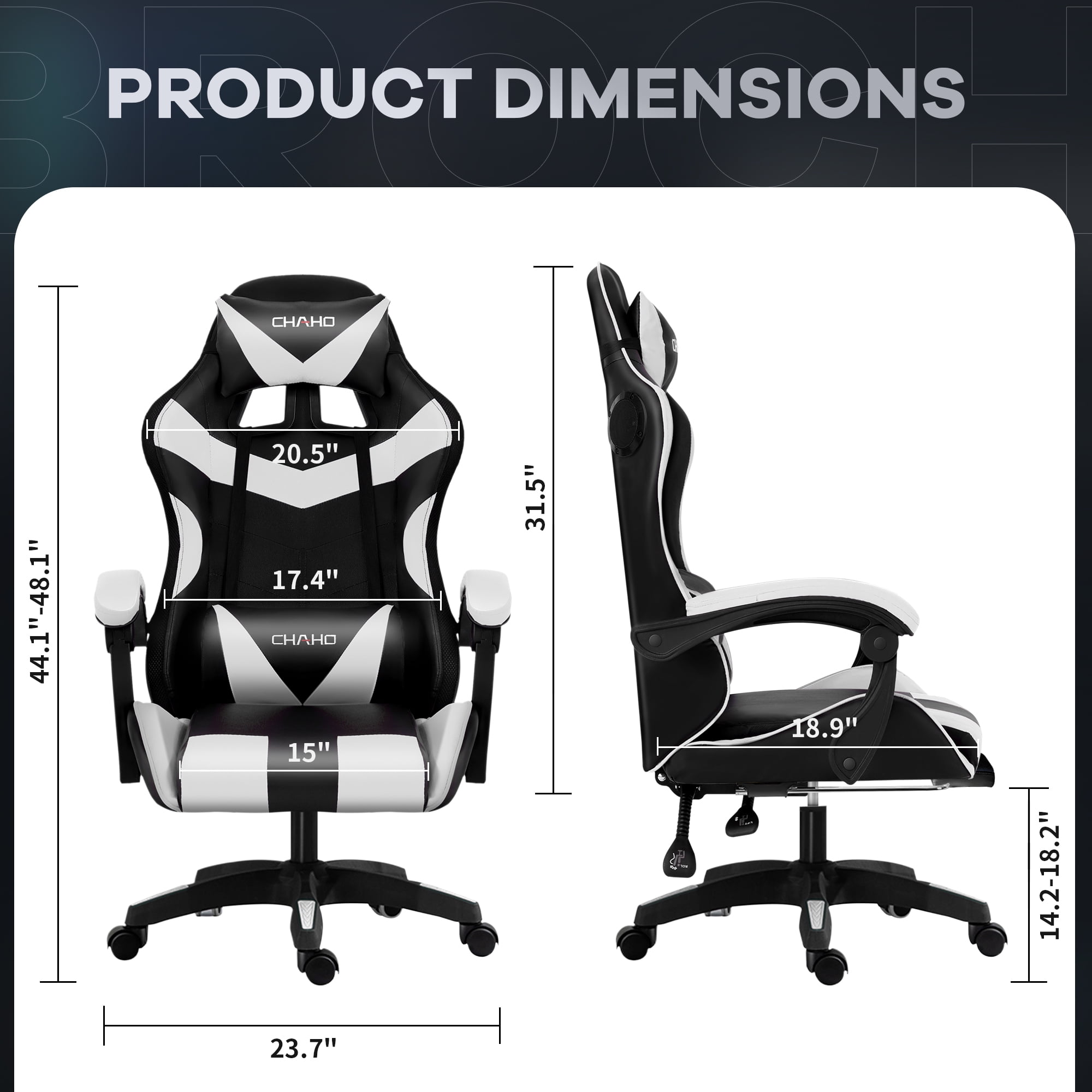 Ergonomic Gaming Chair, Brochao Gaming Chair with Speaker & LED Lights, Computer Racing Chair for Adults, PU Leather Office Chair with Footrest Lumbar Support Headrest, White with Light
