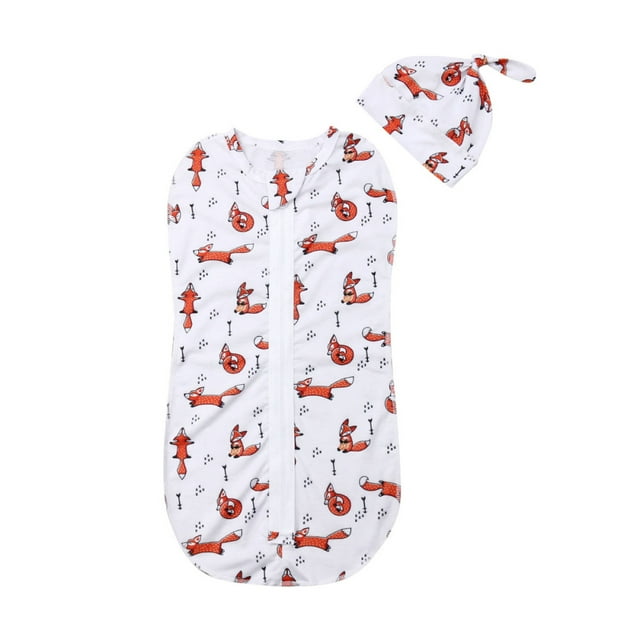 Gupgi Newborn Infant Baby Cartoon Animal Zipper Swaddle Wrap Blanket + Hat