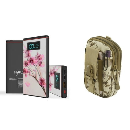 Cherry Mobile Organizer INFUZE Slim Pocket 12000mAh Portable Charger Dual (USB-A, USB-C) 18W QC 3.0 Power Bank (Cherry Blossom), Tactical Organizer Pouch (Desert Pixel Camo) for LG G8 ThinQ, LG V50, LG Stylo 4+ Plus ()