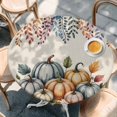 thumbnail image 2 of Orange Pumpkins Fall Round Tablecloth, Fitted Table Cover with Elastic for 36"-44" Round Tables, Autumn Eucalyptus Leaves Retro Beige Table Cloth Outdoor Indoor Dinning Party Waterproof Tablecloths, 2 of 7