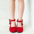 thumbnail image 4 of DMDUOU Girl's Mary Jane Shoes Chunky Block Heel Round Toe Office Work Church Pumps Suede Bow Ankle Buckle Strap Breathable Comfortable Shoes Red 8.5-9Years, 4 of 7