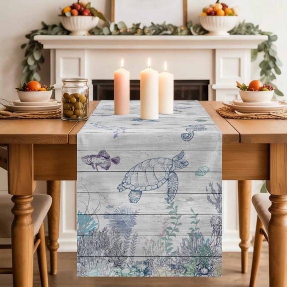 Ocean Coastal Table Runner, Sea Turtle Coral Starfish Seaweed Wood Grain Cotton Linen Kitchen Table Decoration Washable Dining Tabletop Runners for Home Party Decor 13x48 Inches