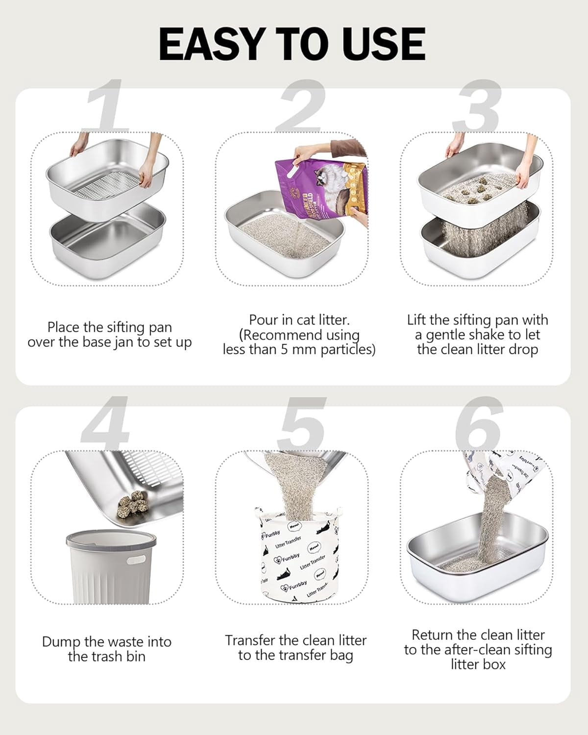 Furrbby Extra Large Open Top Stainless Steel Cat Litter Box, Odor Control Metal Pet Tray, Silver