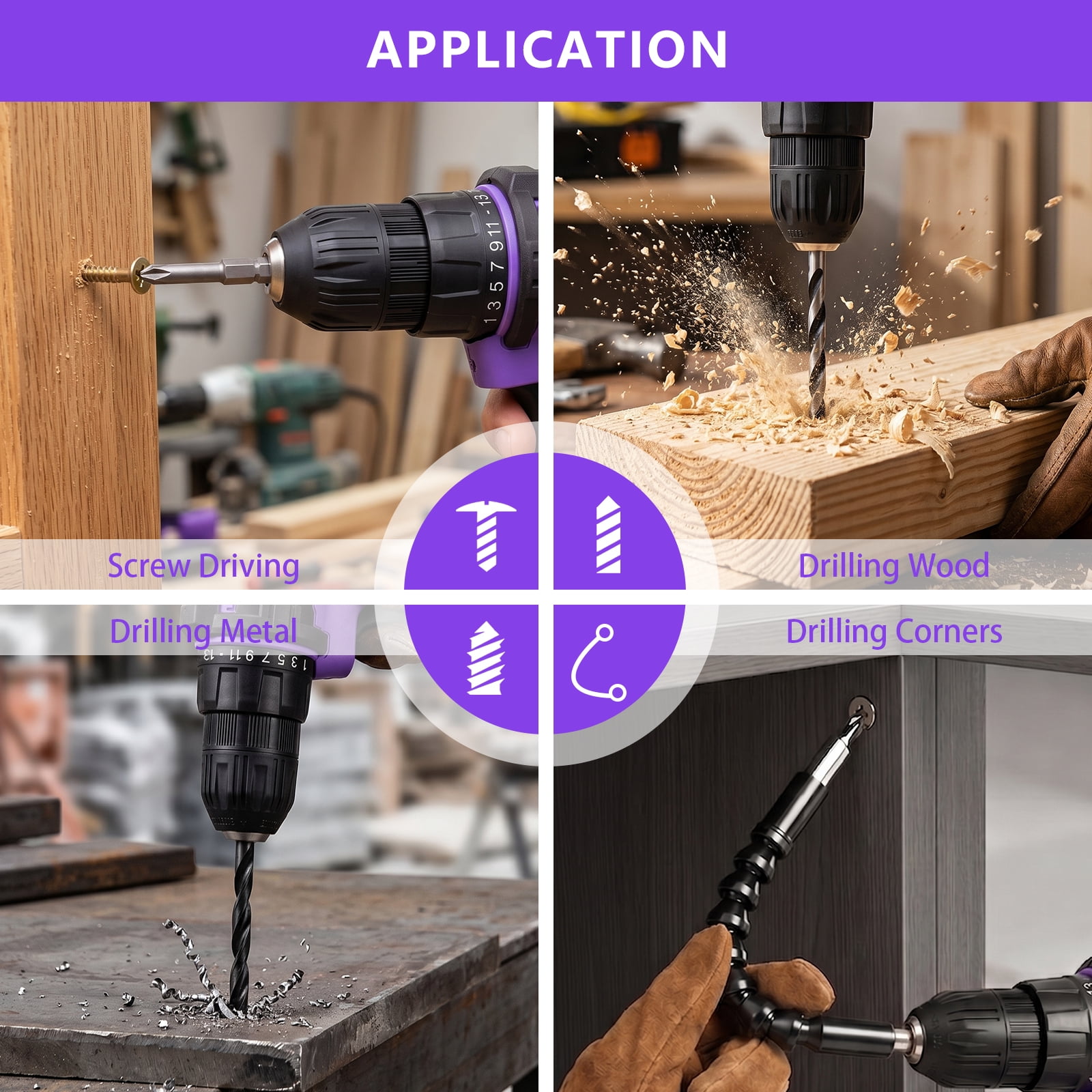 20V Purple Power Drill,Electric Drill Cordless with Battery and Charger,3/8-Inch Keyless Chuck, Variable Speed,with Drills Bits Set