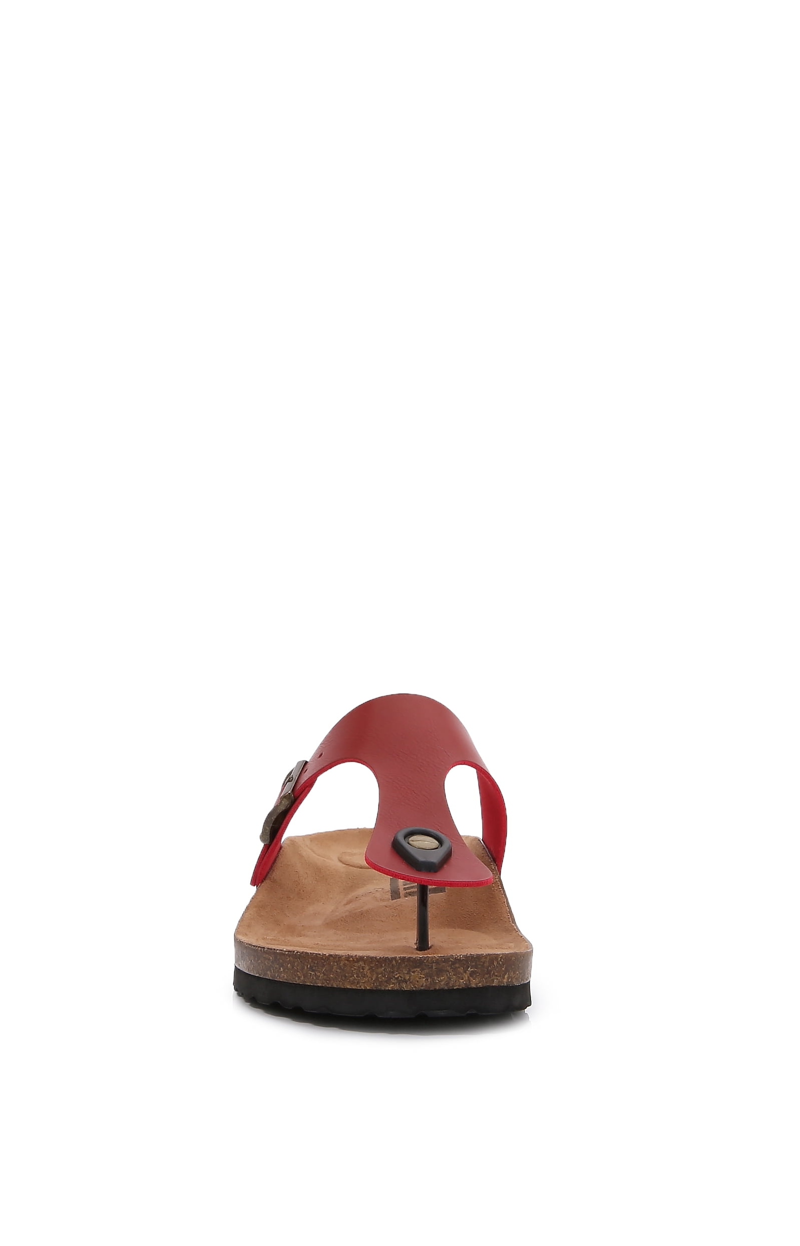 Women Soft Cork Footbed PU Leather Hook and Loop T Strap Flip Flops (PU Dark Red / 8 )