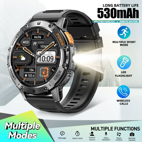 XAXRE K65 Smart Watch for Man with LED Flashlight, 1.43’’ AMOLED Screen Smartwatch with Wireless Talk, 530mAH Ultra-long Battery Life Watch with Multiple Sport Modes Compatible with Android iOS, 1pc