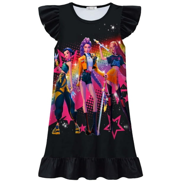 2026 Girls One Piece Ruffle Sleeve Style Dress Summer Dress Kpop Demon Hunters Suit Pop Singer for 2-12 Years Kids Great Gifts for Girls#Black 130