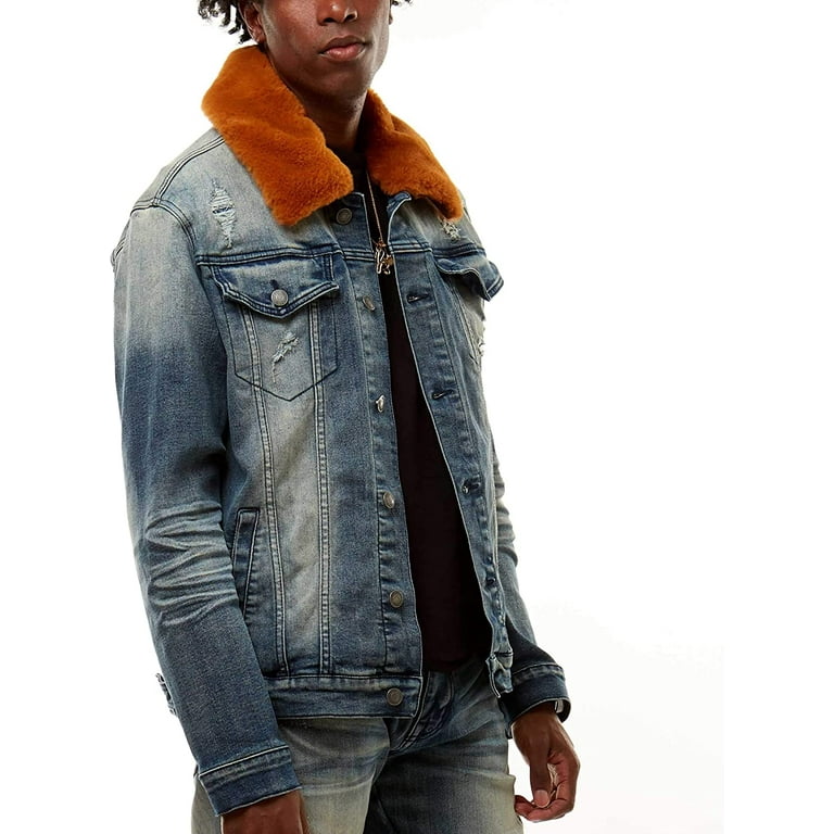 Mens denim jacket on sale with sheepskin collar