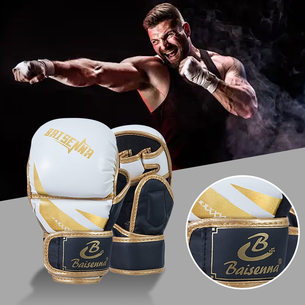 Half Finger Boxing Gloves Thickened Heavy Punching Bag Gloves Exercise Training PU Leather Sponge Gym Mitts Gloves(Adult White Gold)