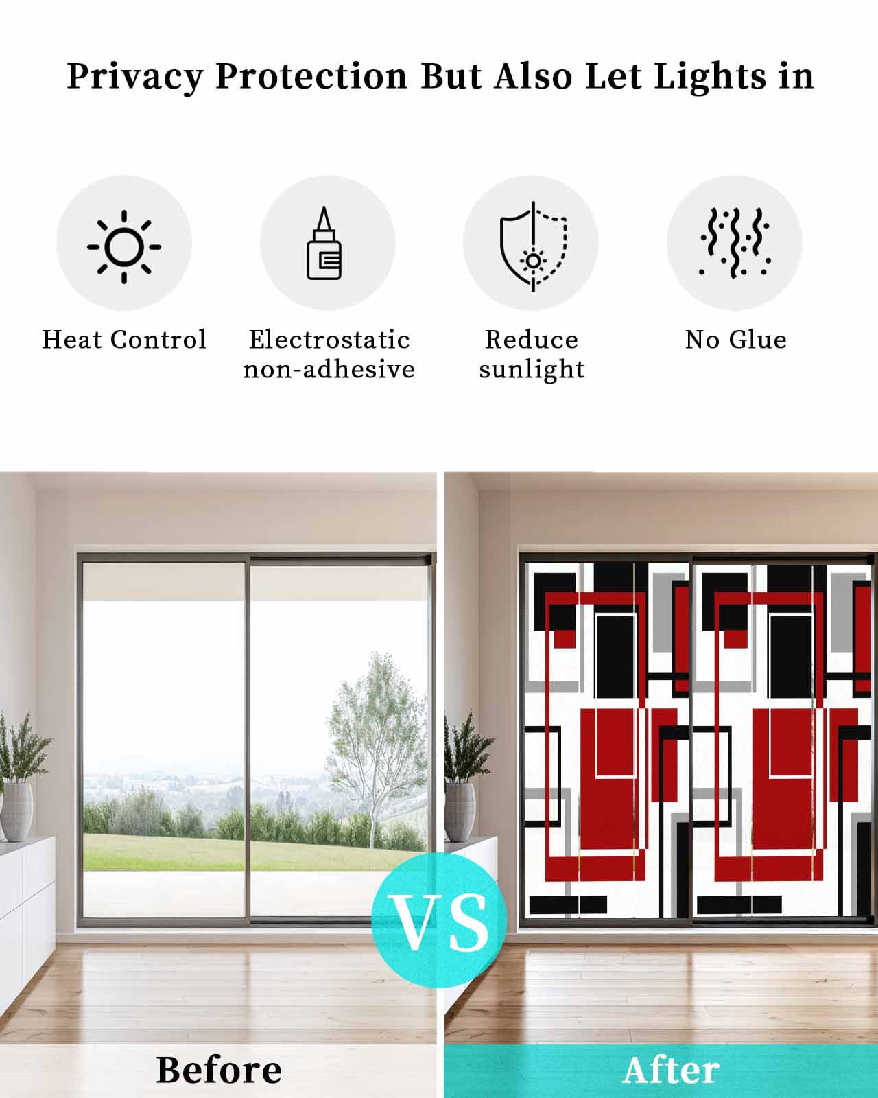 Window Privacy Film Red Black Geometric Stained Glass Window Film Decorative Sun Block Window Cover Contemporary Gray Abstract Stripes Window Clings Static Adhesive Sticker for Bathroom 23.6"x59"