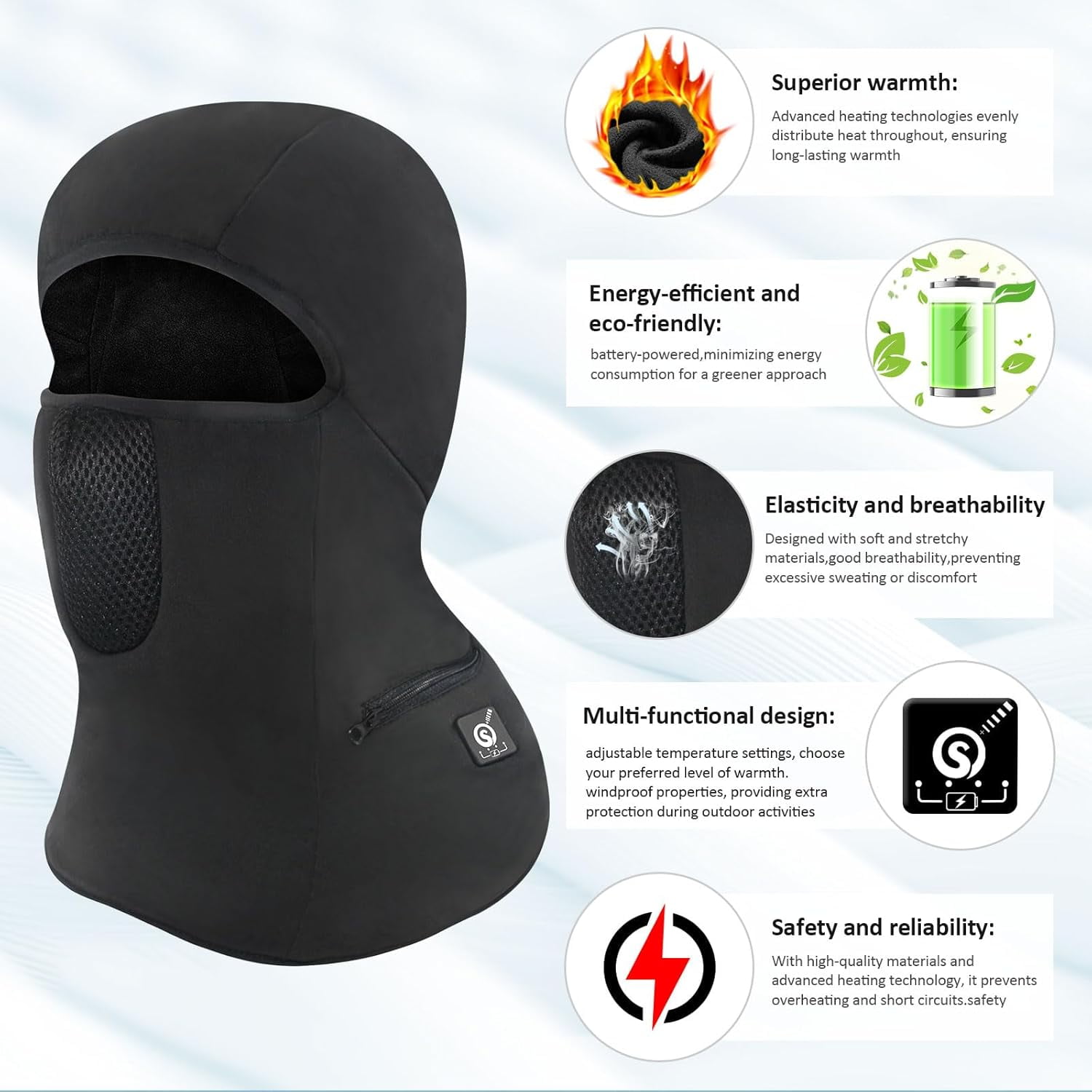 SUN WILL Heated Ski Mask Balaclava for Men & Women, Electric Heated Face Mask,Winter Outdoor Black Windproof