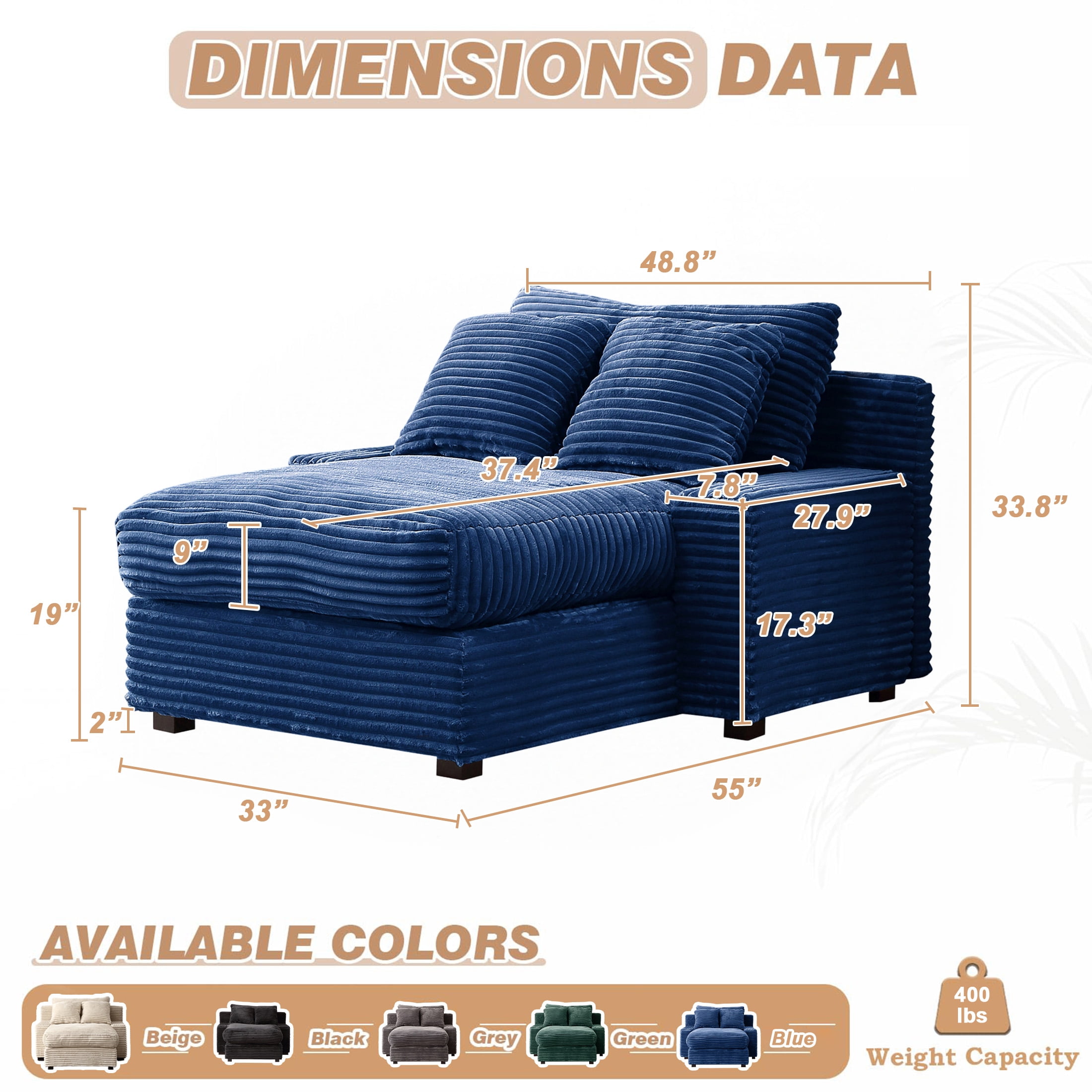 Aukfa 49" Chaise Lounge, Plush Corduroy Sofa Chair Bed w/ 3 Pillows Living Room, Navy