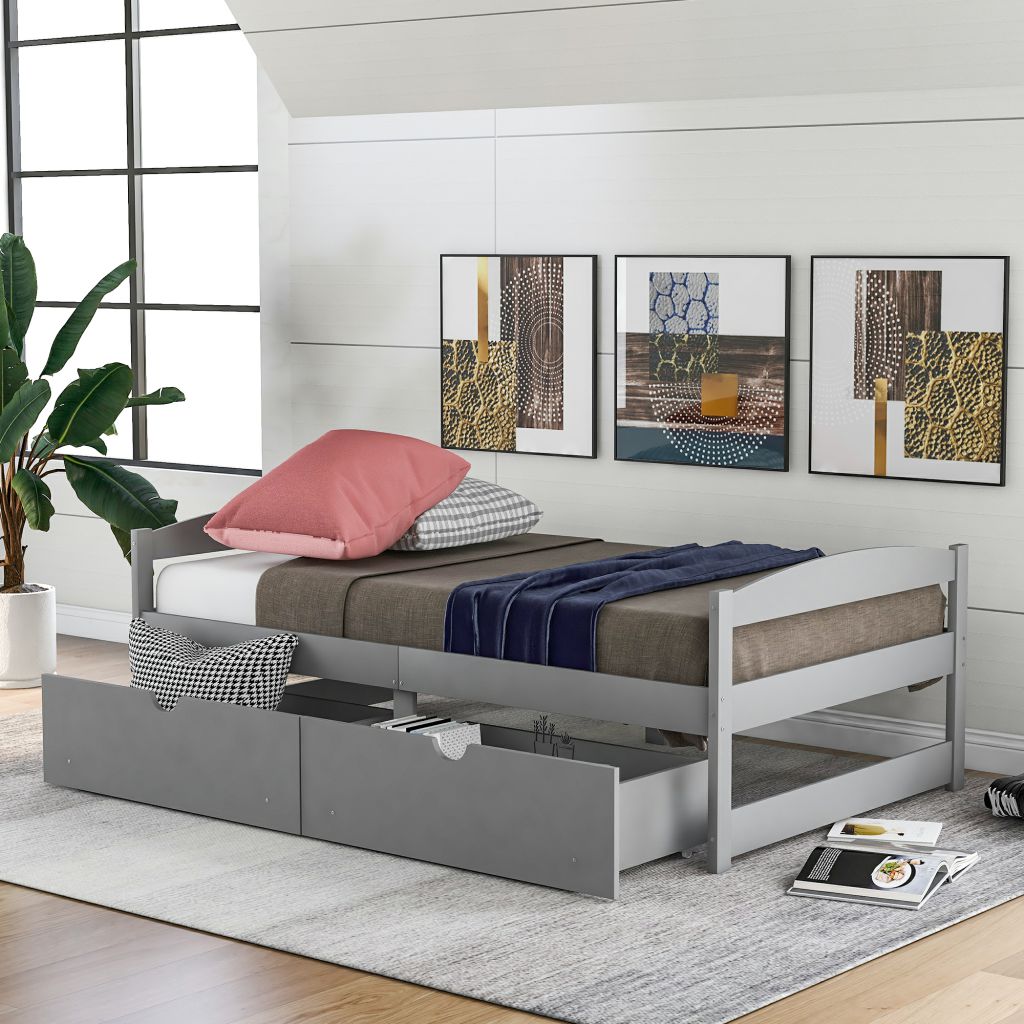 Modern Twin Size Platform Bed Frame with Two Long Drawers, Saving Space, MDF Bed Frame with Wooden Slat Support, for Living Room Bedroom, Gray - image 1 of 7