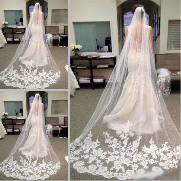 Velo de novia de boda de doble capa con encaje de hueso de coche y red suave de tres metros de largo color blanco