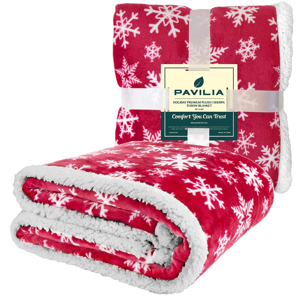 PAVILIA Premium Christmas Sherpa Throw Blanket | Red Snowflake Decoration, Fleece, Plush, Warm, Cozy Reversible Microfiber Holiday Blanket | Christmas Gift - 60 x 80 Inches