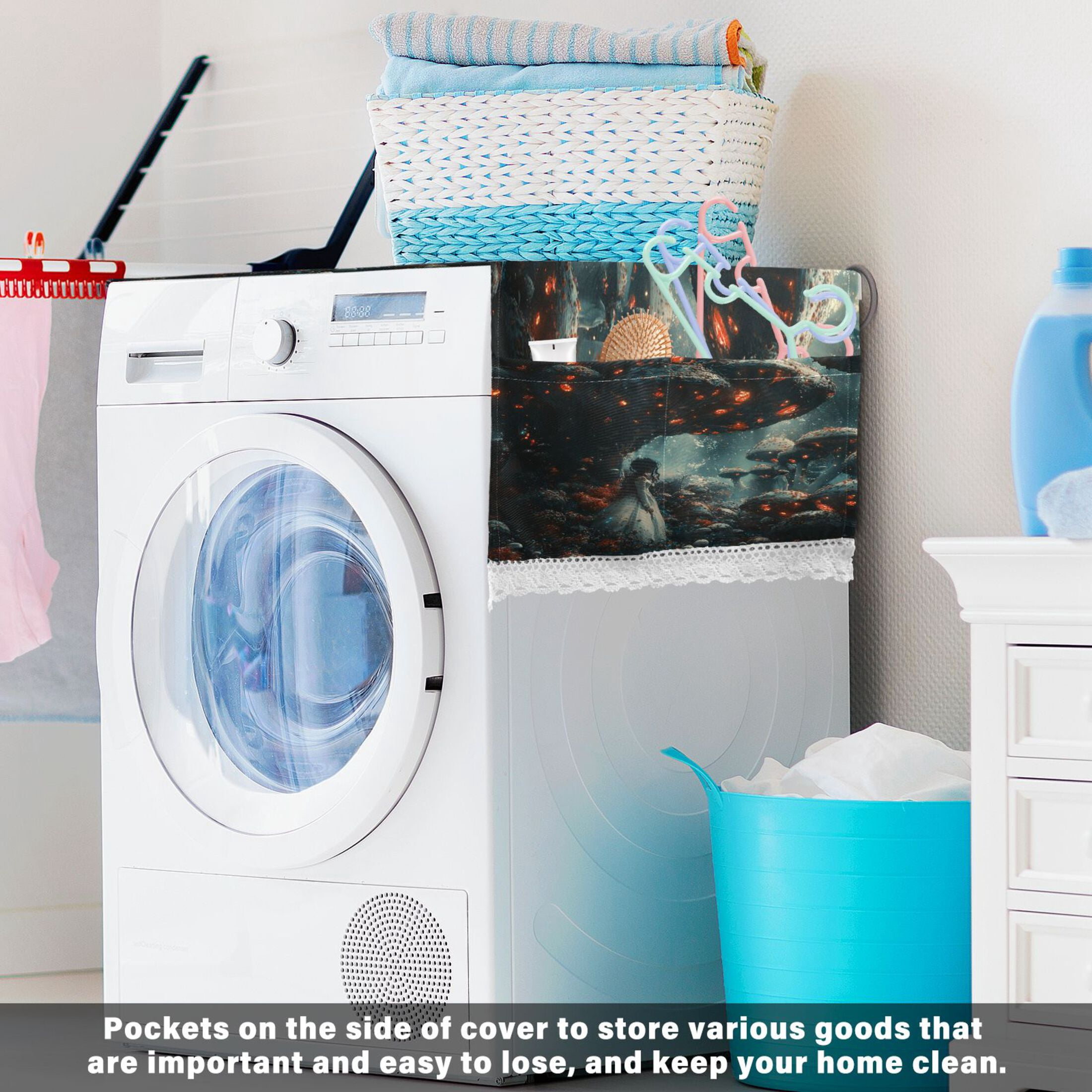 Shaped Like A MushroomWasher and Dryer Covers Dust-Proof and Oil Resistant Fridge Cover with 4 Storage Pockets Washing Machine Top Cover for Laundry Kitchen Home 51.2 x 22 In