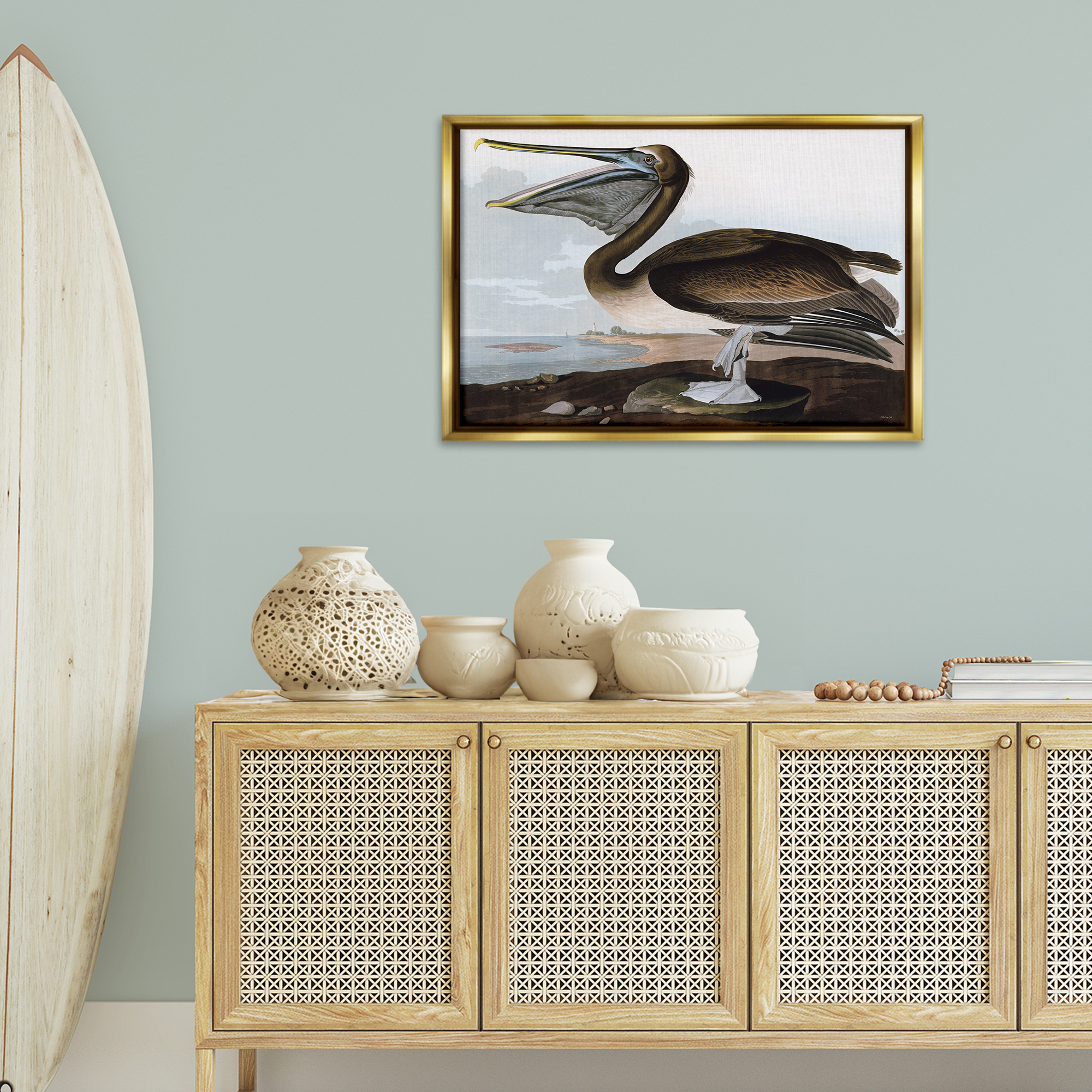 Stupell Industries Classic Pelican at Beach Animals & Insects Painting Gold Floater Framed Canvas Art Print Wall Art, 31 x 21
