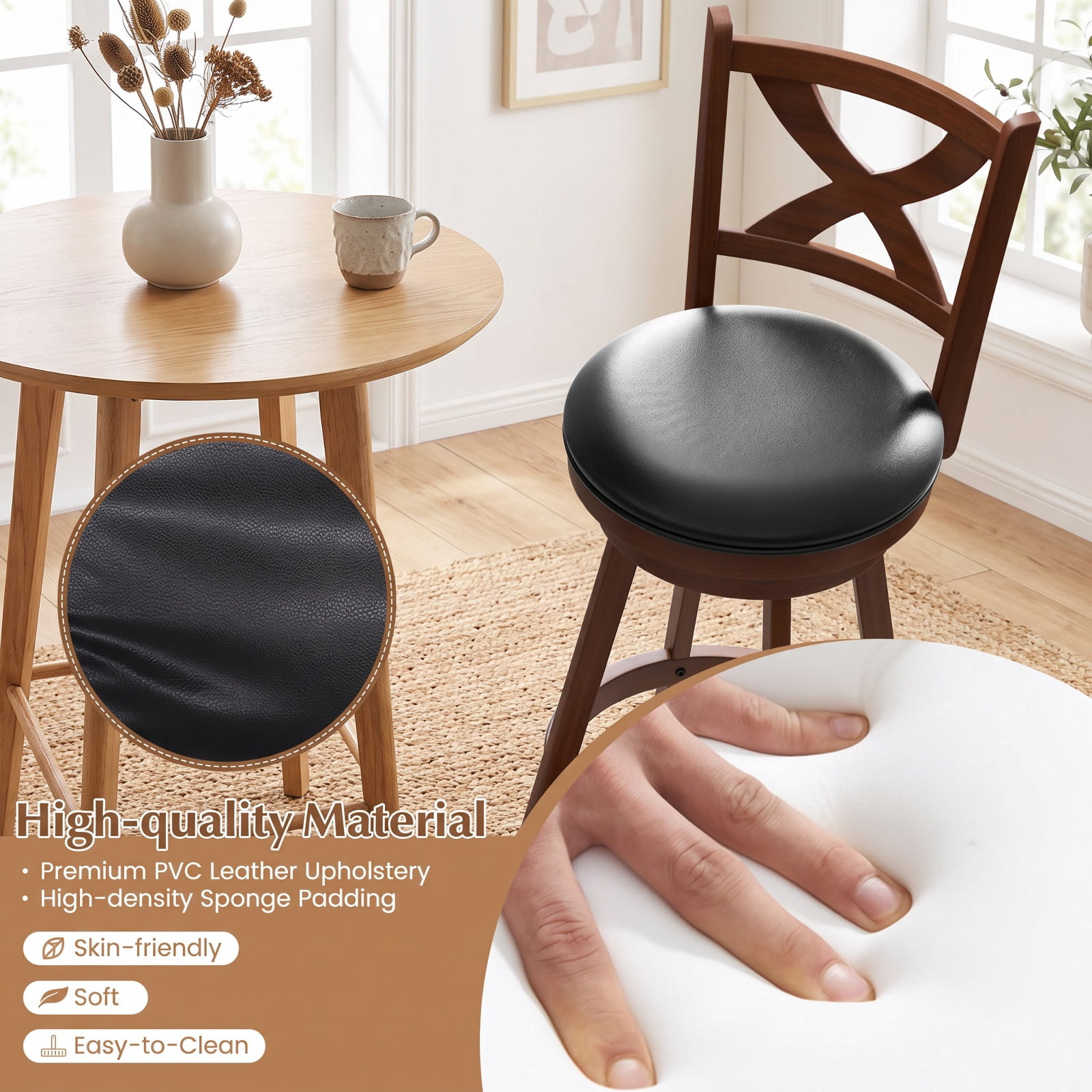 Furnibear 2 Pieces Classic Counter Height Swivel Bar Stool Set with X-shaped Open Back-30 Inch for Kitchen Island Counter Bar Pub Dining, Espresso