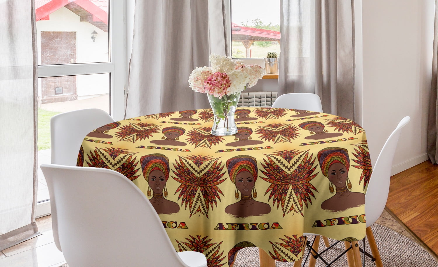African Round Tablecloth, Woman in Traditional Turban and Palms Cultural Folk Graphic Art