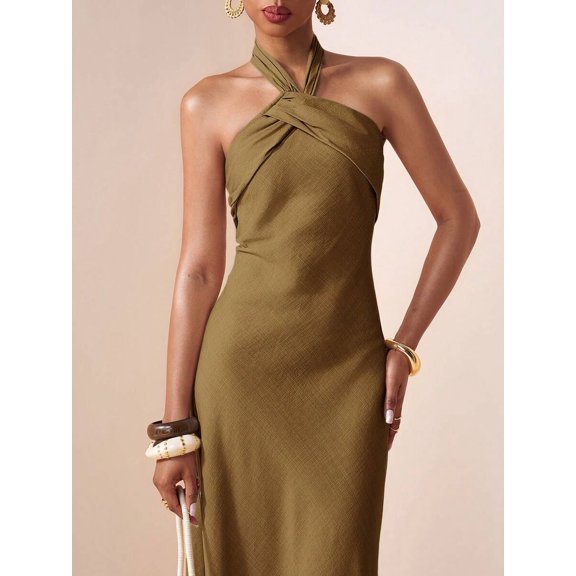 Womens Elegant Coffee Brown Halter Neck Maxi Dress With Twist Detail