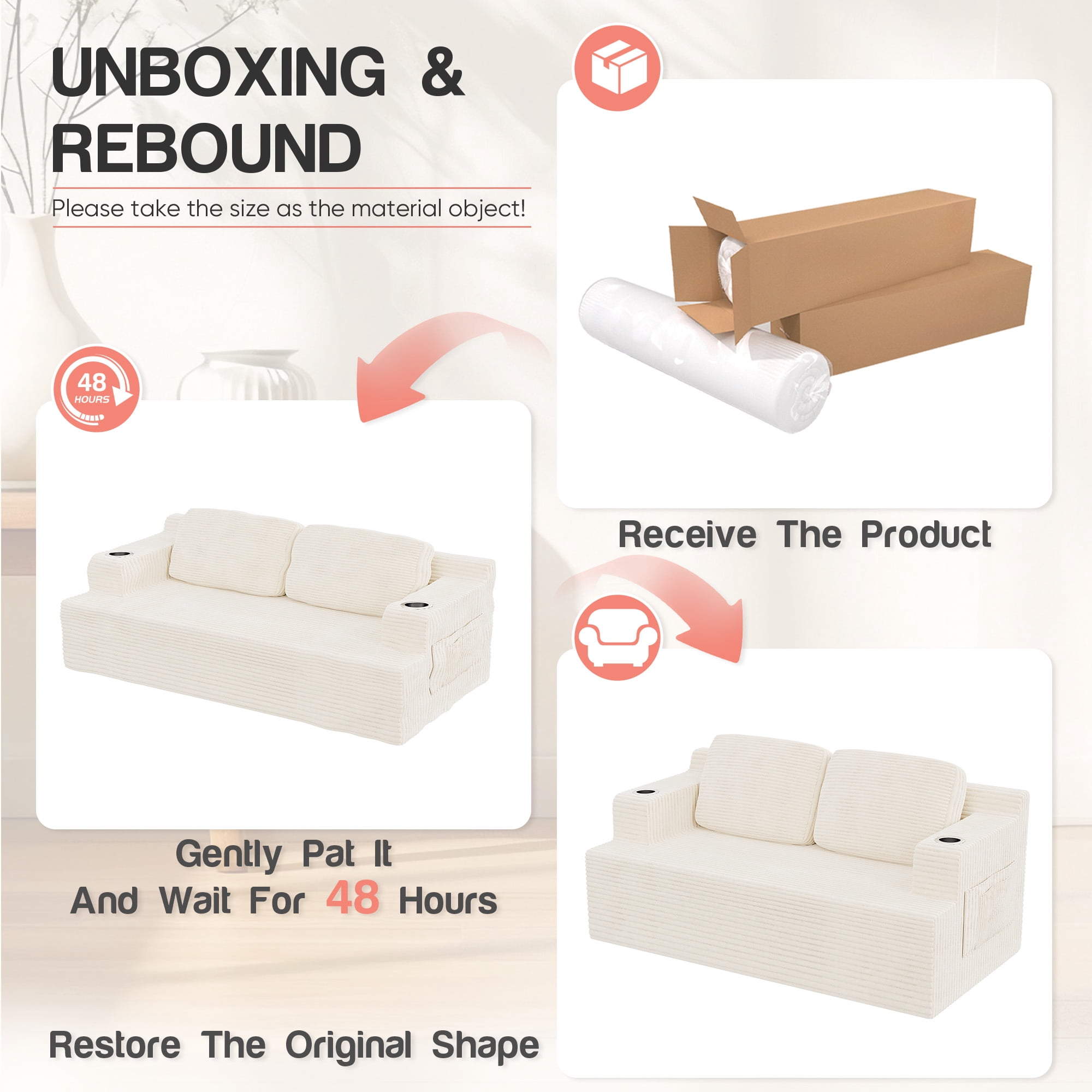 Homall Cloud Boneless Corduroy Sofa Loveseat Double-seater Couch Lounge Floor Chair for Bedroom,White
