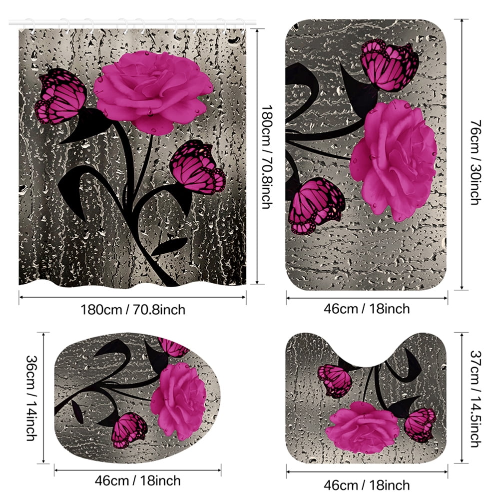 4 Pcs Bathroom Shower Curtain Set Pink Rose Shower Curtain Bathroom Sets Valentine's Day Shower Curtain Sets with Rugs(Bath Mat,U Shape and Toilet Lid Cover Mat) and 12 Hooks