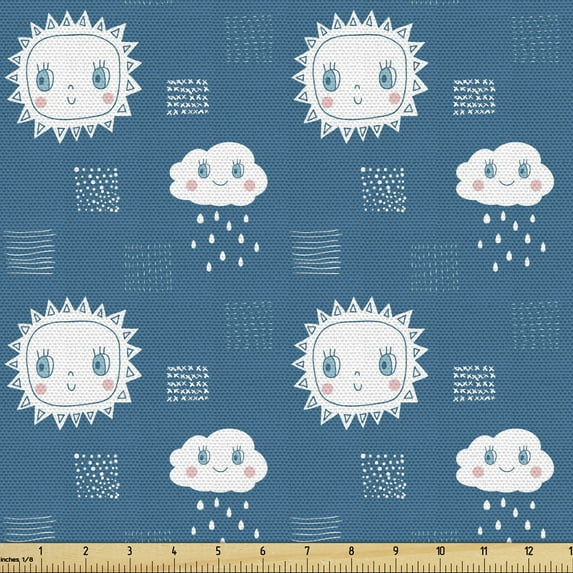 Cartoon Upholstery Fabric by the Yard, Newborn Faces of Clouds Raindrops Snow and Sun Wind Seasonal Cartoon, Decorative Fabric for DIY and Home Accents, Petrol Blue White by Ambesonne