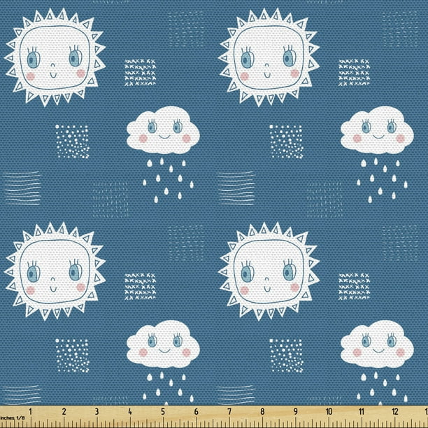 Cartoon Upholstery Fabric by the Yard, Newborn Faces of Clouds Raindrops  Snow and Sun Wind Seasonal Cartoon, Decorative Fabric for DIY and Home  Accents, Petrol Blue White by Ambesonne 