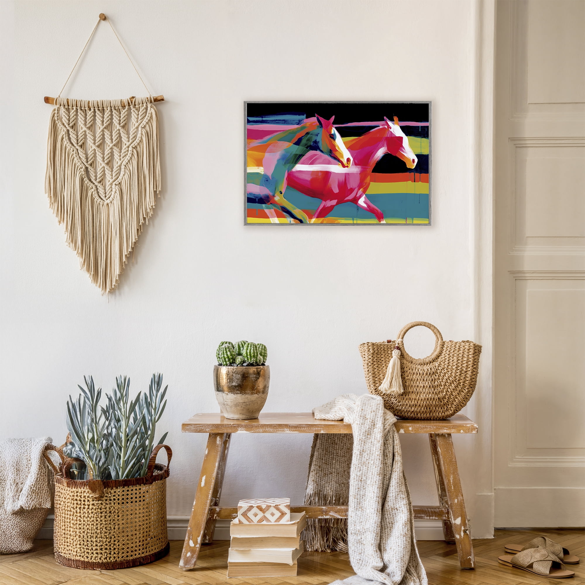 Stupell Industries Wild Horses Running Through Stripes Gray Framed Giclee Art, design by Chromatic Storm Studio