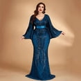 thumbnail image 4 of AURA Plus Size Evening Dress Deep V Neck Long Sleeve Party Teal Blue 0XL-4XL, 4 of 7