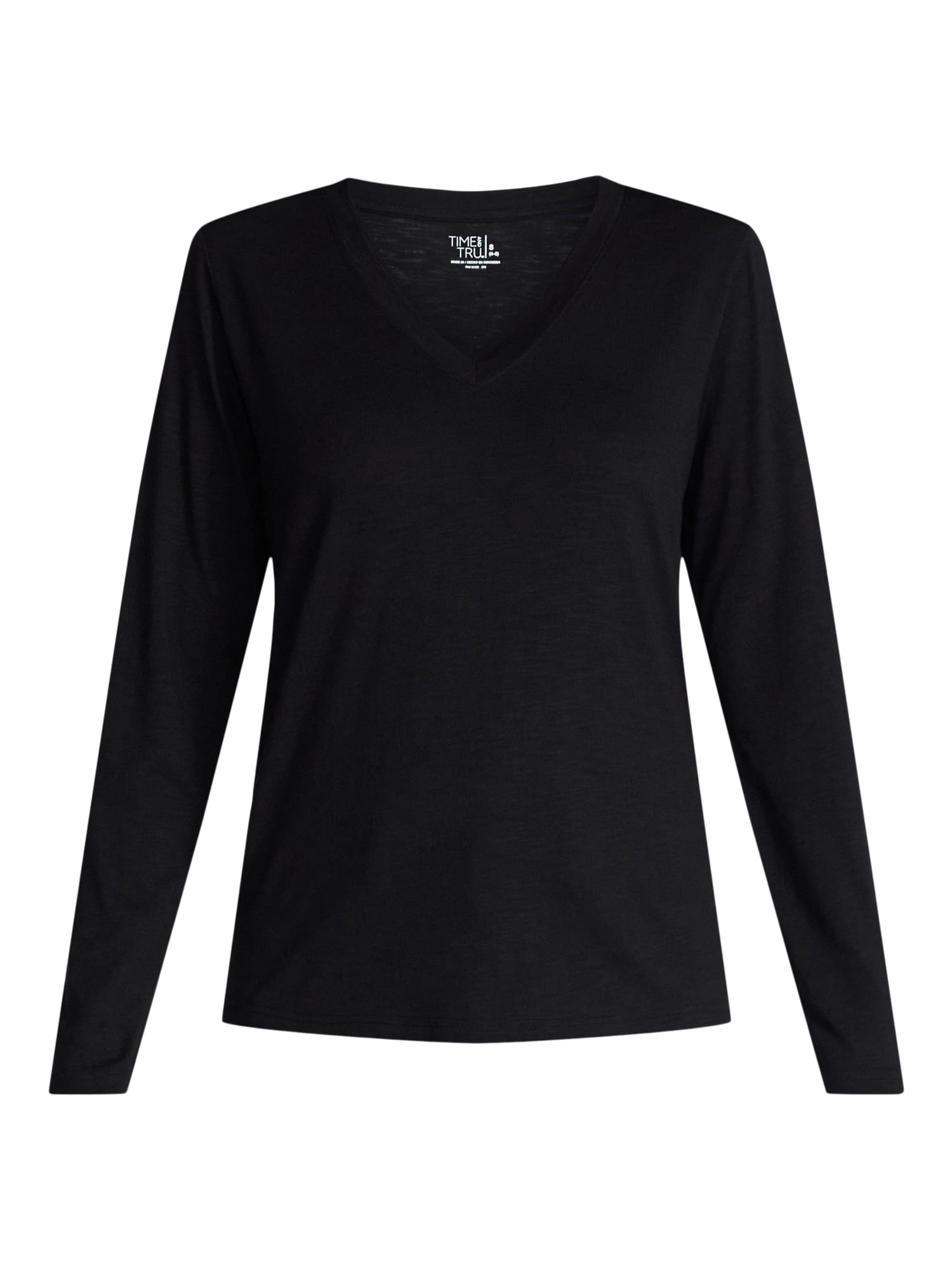 Time and Tru Women's Slub V-Neck Tee with Long Sleeves, Sizes XS-XXXL