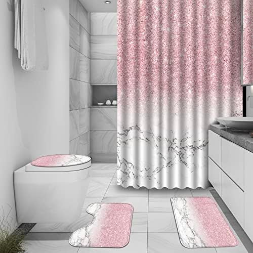 4 Pcs Shower Curtain Marble Pink Glitter Bathroom Decor Set with 12 Pieces