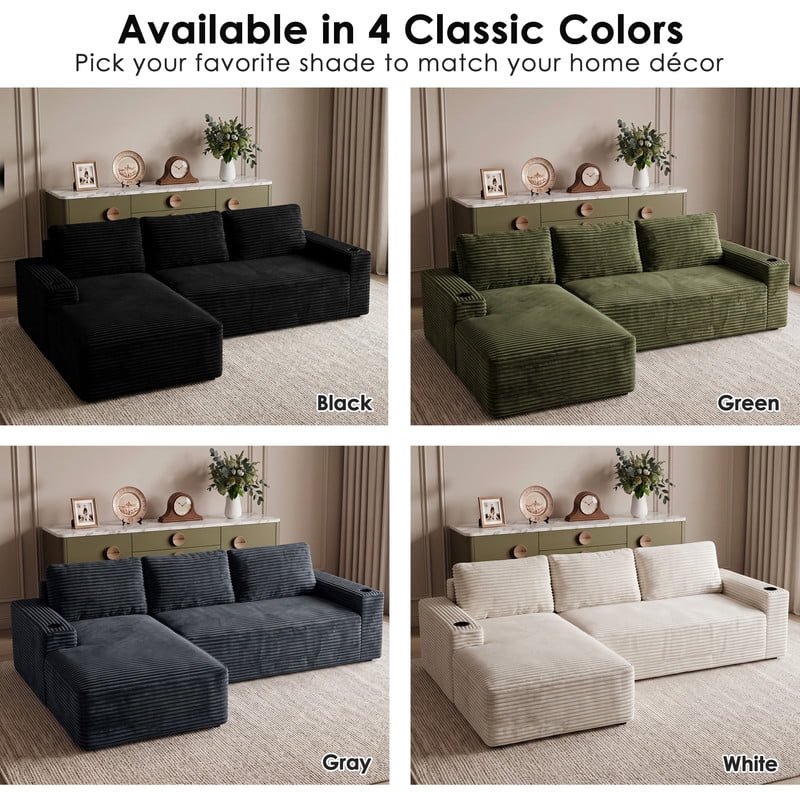 Anpport 104" Boneless Cloud Modular Sectional Couch, Corduroy Sofa with Cup Holders, Side Pockets, Deep Seat, No Assembly Required for Living Room, Black (L‑Shaped, Left Facing Chaise)