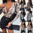 thumbnail image 4 of Women Leopard Long Sleeve Bodysuit Button Leotard Romper Top Blouse V Neck Tops Slim, 4 of 4