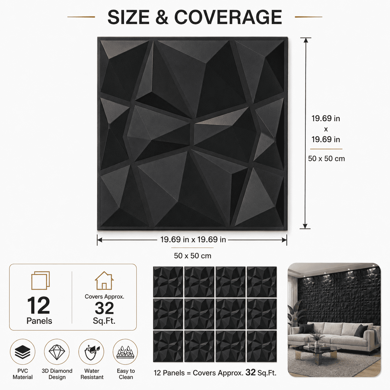 Yeslife 12-Pack 19.69"x19.69" Black PVC 3D Embossed Wall Panels, Geometric Accent Wall Covering for Living Room Office TV Wall, 32.2 Sq Ft
