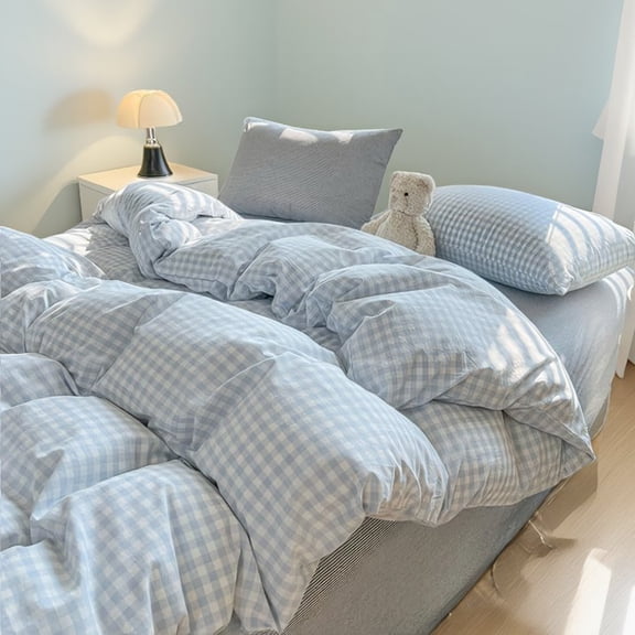 2-Piece Twin Gingham Duvet Cover Set, White Checkered, Washed Microfiber, Hidden Zipper, 4 Corner Ties