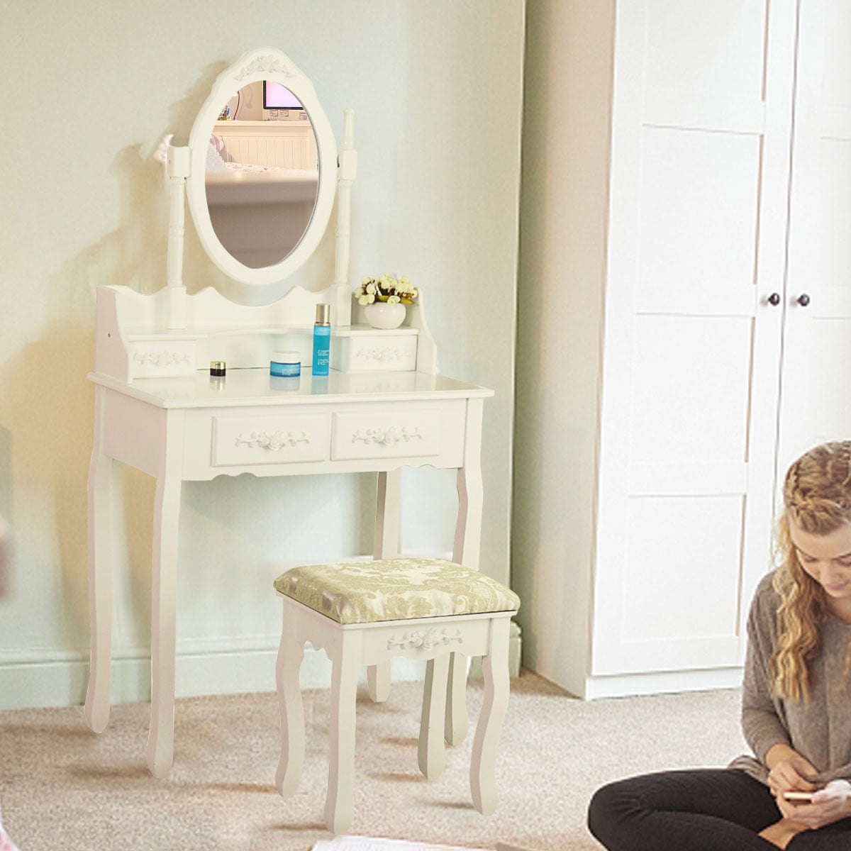Lowestbest Vanity Table Set with Mirror, Cushioned Stool, 2 Drawers, White