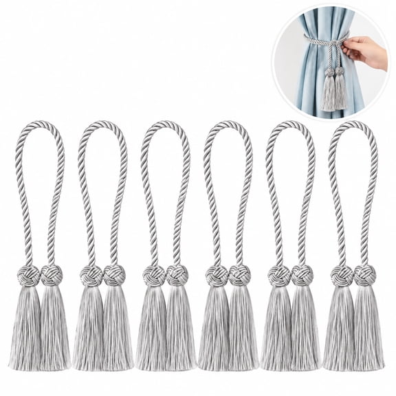 6 Pack Gray Double‑Tassel Curtain Tiebacks, 37.4 Inch Total Length Braided Rope Drape Holdbacks, Decorative Tassel Curtain Tie Bands for Living Room Bedroom Window Curtains