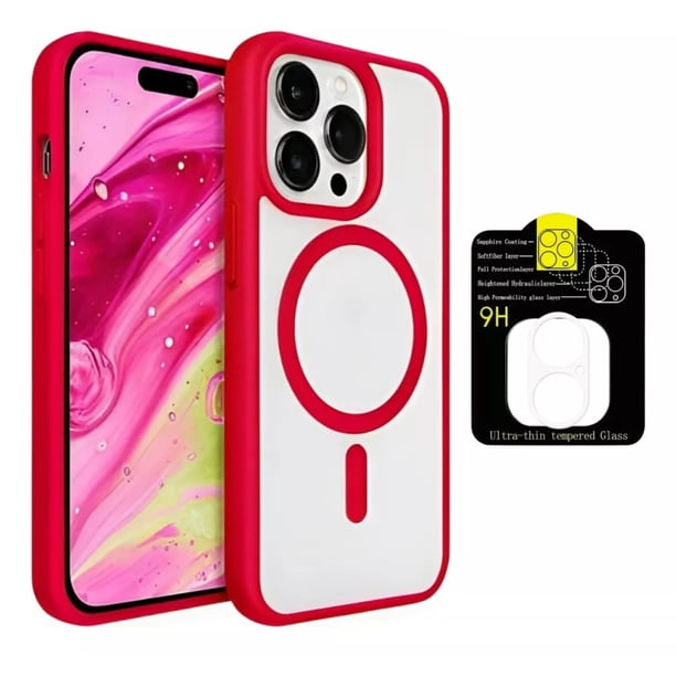 Kit Mica Cámara Para Iphone 16 + Funda Case Transparente para Iphone 16 pro max / Rojo
