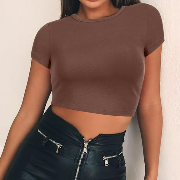 Baberdicy Short Sleeve Tee, Women's T-Shirt Women's Round Neck Summer Solid Color Short T Shirt, Chestnut Brown, Xl