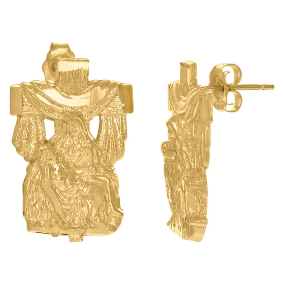 10K Yellow Gold Mens Jesus On Mother Mary'S Lap Religious Cross Stud Earrings