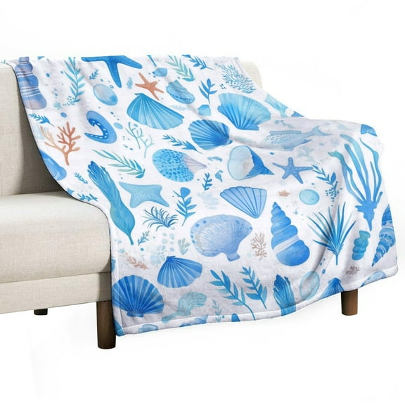 Beach Seashell Starfish Print Blanket Warm Throw Blanket Soft Flannel Lightweight Throw Blankets Couch Bed Travel Bedding Room Decor for Kids Teens Adults