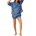 thumbnail image 2 of INSPIRE CHIC Women's Satin Pajama Set Short Sleeves T-Shirt with Shorts 2 Piece Lounge Set with Pockets L Blue, 2 of 5