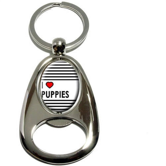 I Love Heart Puppies, Dogs, Chrome Plated Metal Spinning Oval Design Bottle Opener Keychain Key Ring