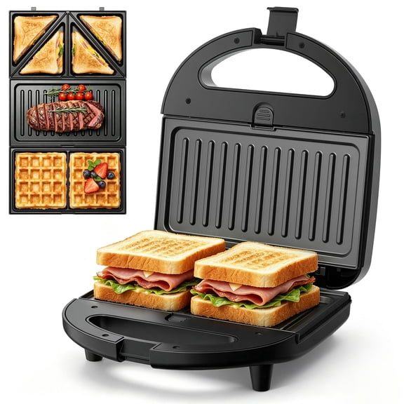 OSTBA 3 in 1 Panini Grill Press with 3 Removable Plates, Breakfast Sandwich Maker, Electric Griddle Panini Press, Belgian Waffle Maker for Sandwiches, Waffles, Steak, Black