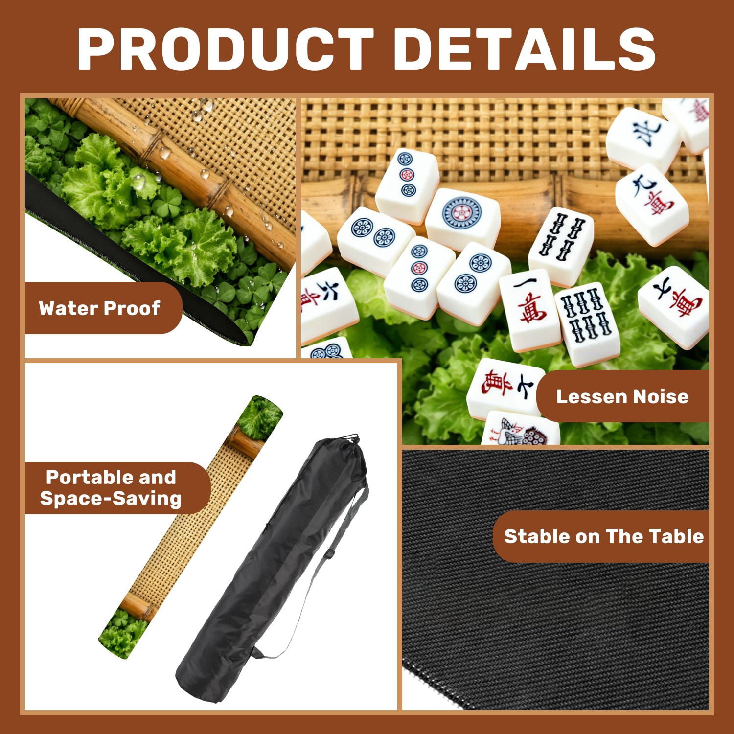 Mahjong Mat 31.5" x 31.5" Bamboo Framed Rattan Weave Green Floral Non-Slip Noise Reduction American Mahjong Tiles Table Cover for Dominoes Poker Card Board Games Gift