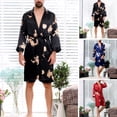 thumbnail image 3 of Dengjunhu 2Pcs Mens Satin Robe Lightweight Silk Spa Bathrobe with Shorts Nightgown Long Sleeve House Printed Bathrobe Set, 3 of 7