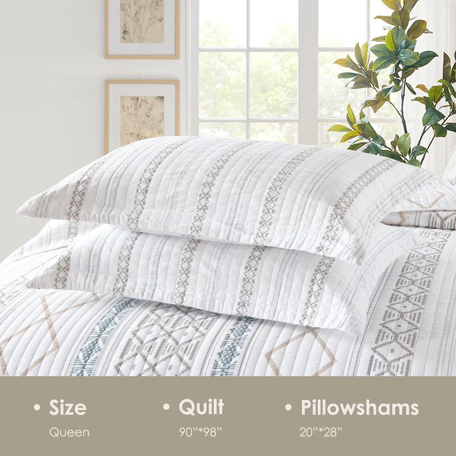 Bedduvit Boho Queen Size Quilt Set - 100% Cotton Beige & Gray & White Geometric Striped Bohemian Queen Quilt Bedspread - Breathable Soft Lightweight Coverlet in Bedding Set for All Season (98"x90")